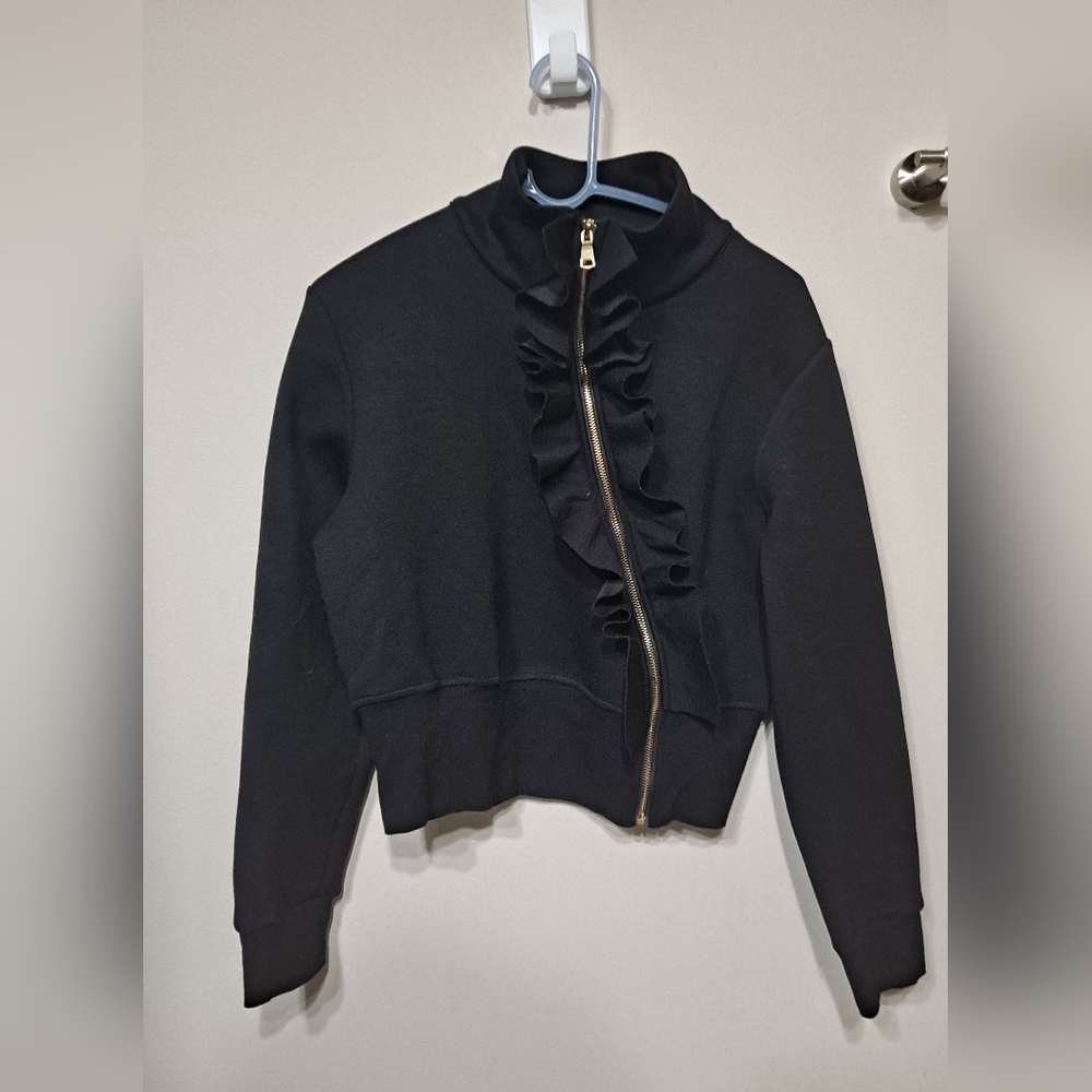 Highneck scuba assymetrical ruffled zip jacket